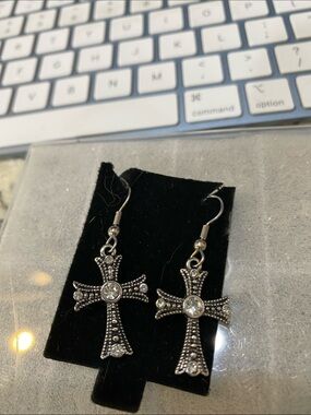 Silver-Tone Rhinestone Cross Dangle Earrings